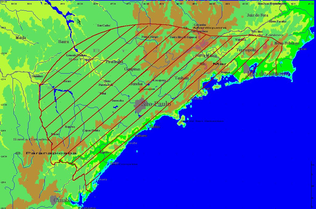 Relief map of southeast Brazil with the area covered by the work outlined and hatched in red